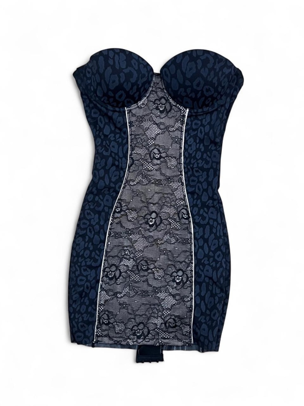 Bebe Strapless Navy Lace Panel Leopard Print Mini Dress Shapewear Deadstock XS